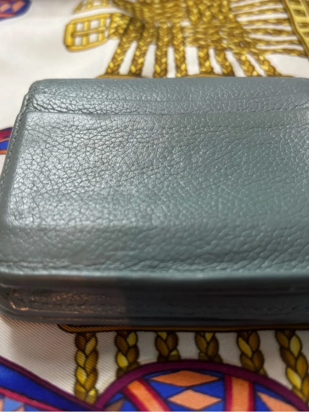 Authentic Balenciaga Cash Flap Coin and Card Holder – Grained Leather- Blue-Grey